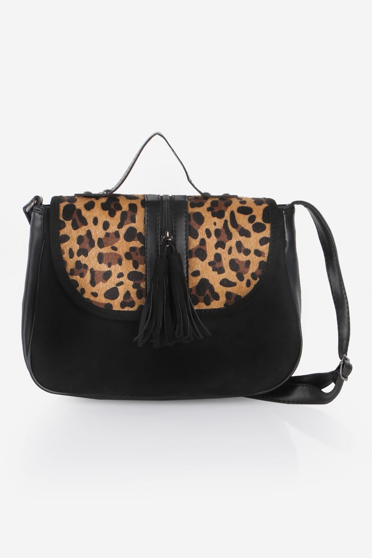 Women's Fringe Leopard Pattern Black Suede Crossbody Bag