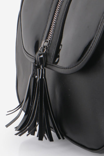 Women's Fringe Patent Leather Detail Black Crossbody Bag