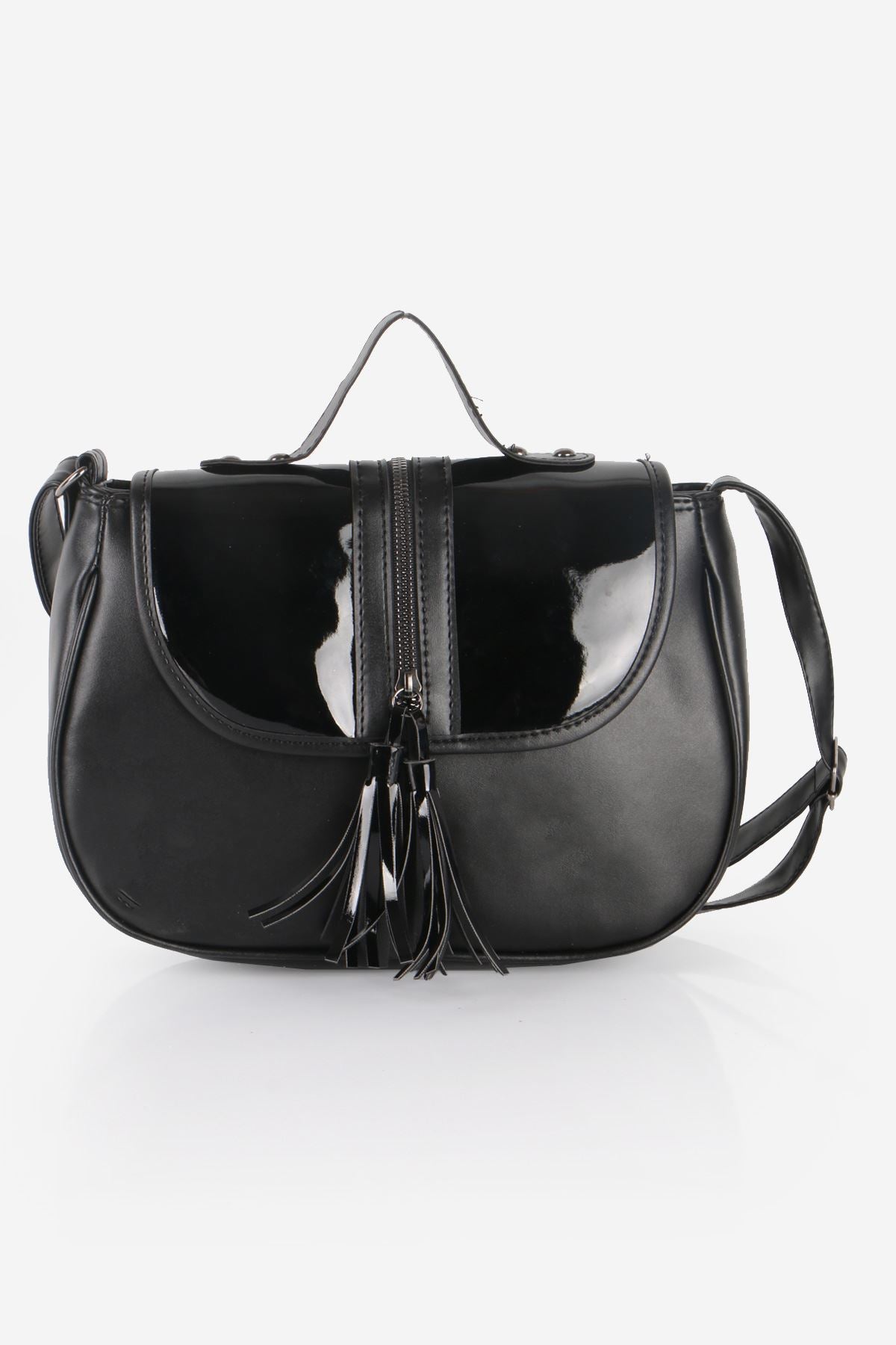 Women's Fringe Patent Leather Detail Black Crossbody Bag