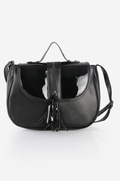 Women's Fringe Patent Leather Detail Black Crossbody Bag