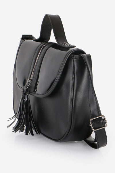 Women's Fringe Patent Leather Detail Black Crossbody Bag