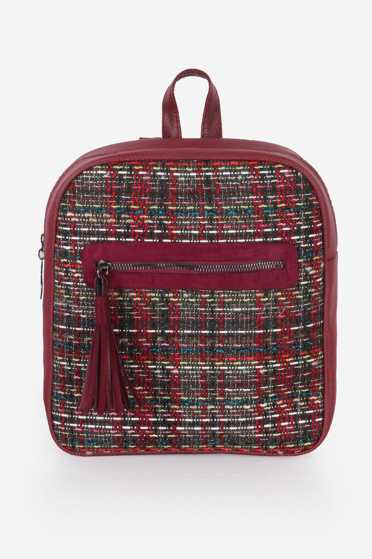 Women's Fringe Zipped Patterned Claret Red Backpack