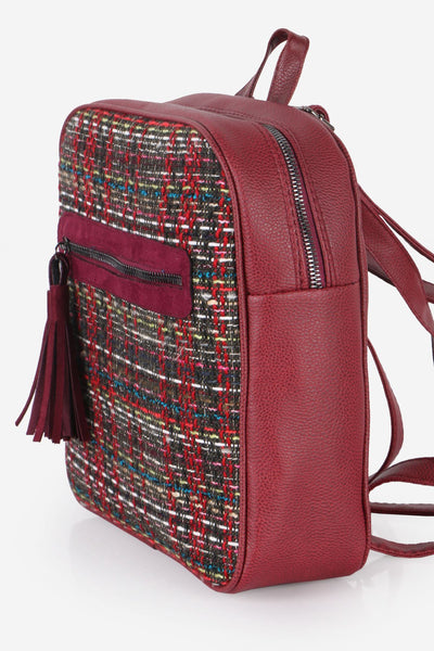 Women's Fringe Zipped Patterned Claret Red Backpack