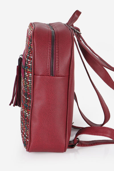 Women's Fringe Zipped Patterned Claret Red Backpack