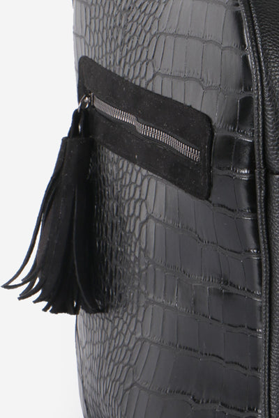 Women's Fringe Zipped Black Crocodile Backpack
