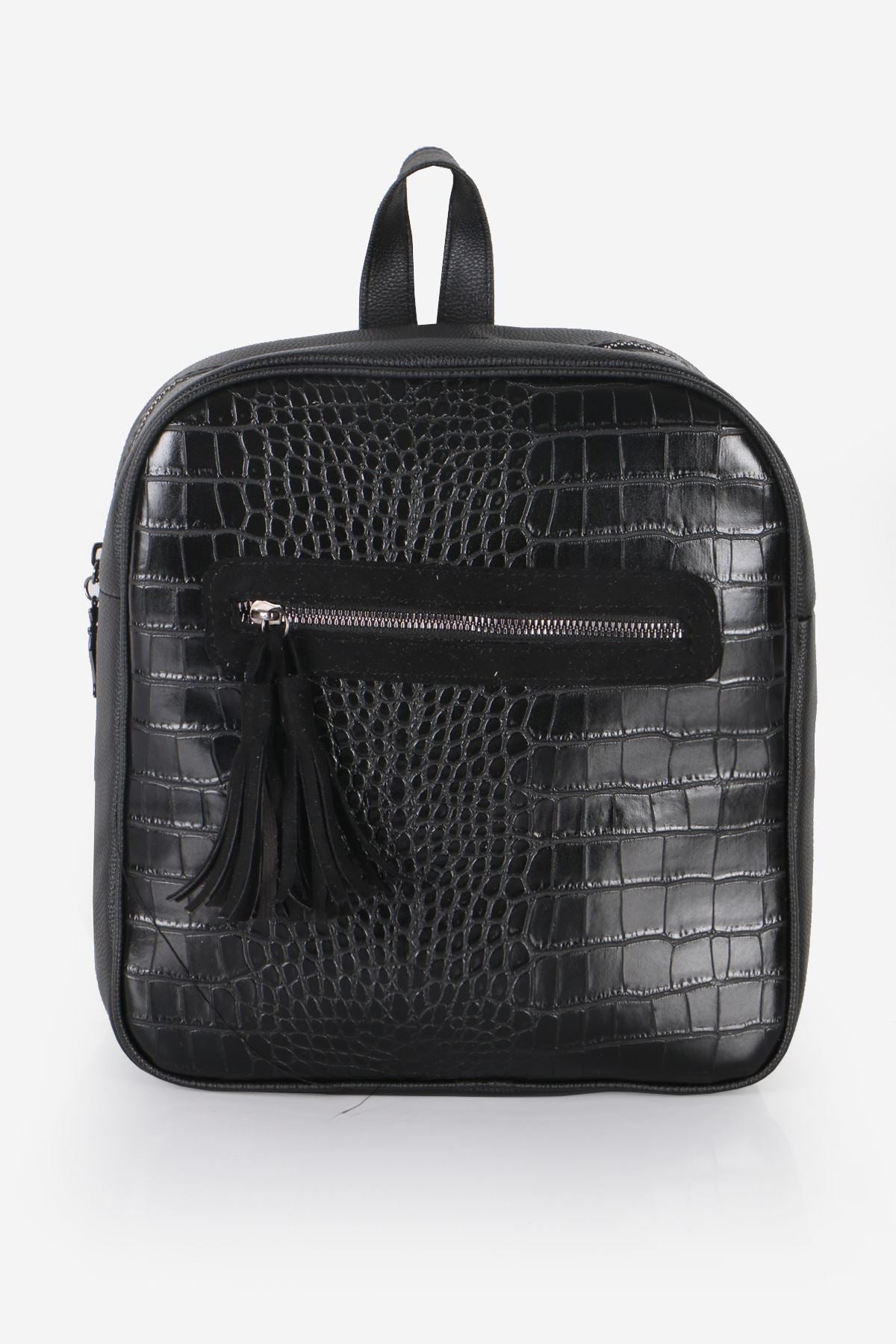 Women's Fringe Zipped Black Crocodile Backpack
