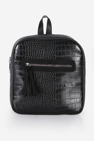 Women's Fringe Zipped Black Crocodile Backpack