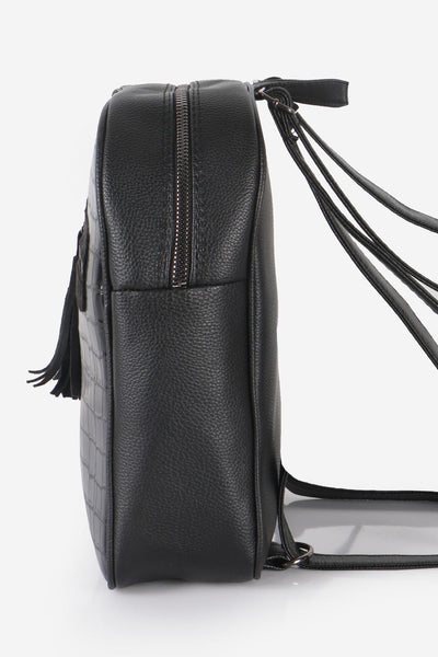 Women's Fringe Zipped Black Crocodile Backpack