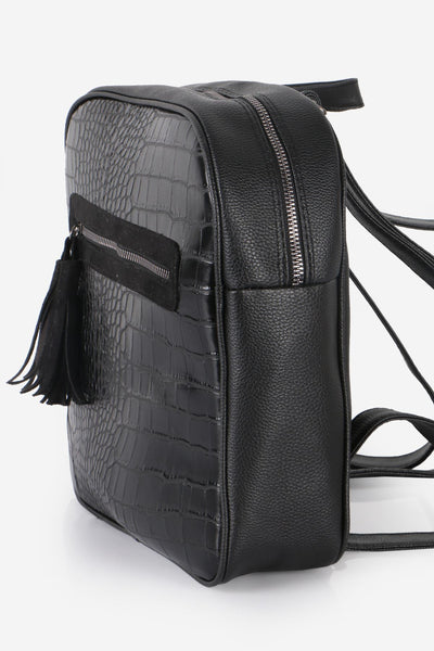 Women's Fringe Zipped Black Crocodile Backpack