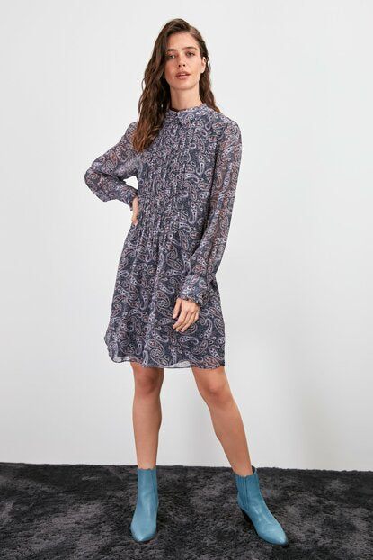 Women's Patterned Navy Blue Short Dress