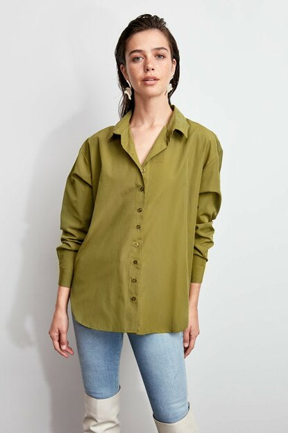 Women's Button Khaki Relaxed-Fit Shirt