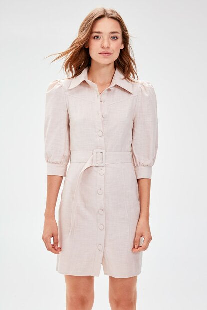 Women's Belted Beige Dress