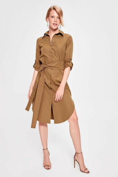 Women's Belted Camel Dress