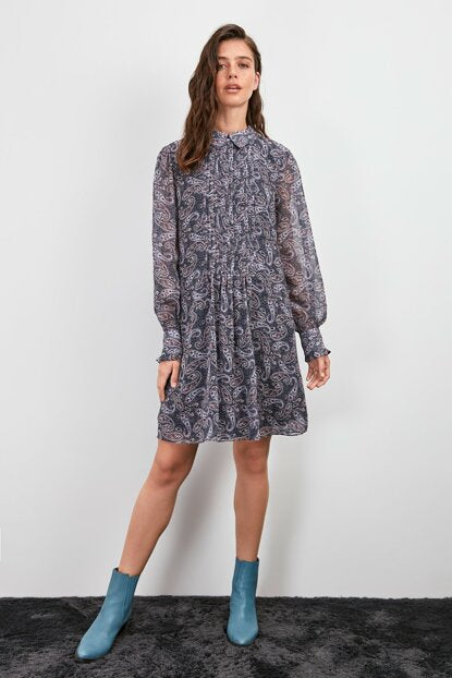 Women's Patterned Navy Blue Short Dress