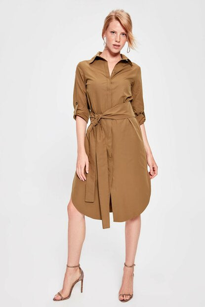 Women's Belted Camel Dress