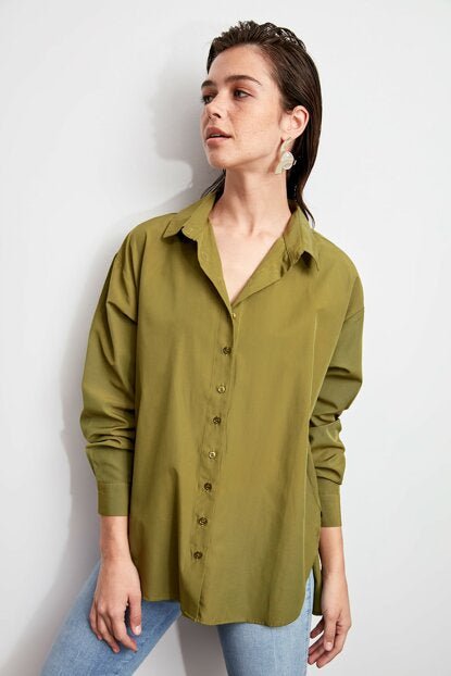 Women's Button Khaki Relaxed-Fit Shirt