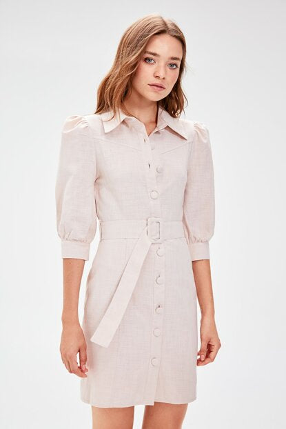 Women's Belted Beige Dress