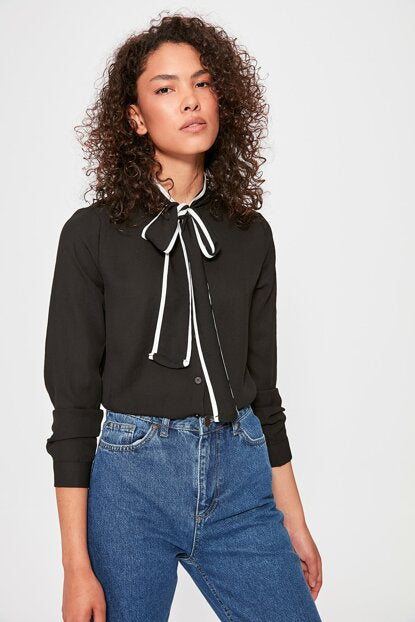 Women's Tie Collar Black Shirt