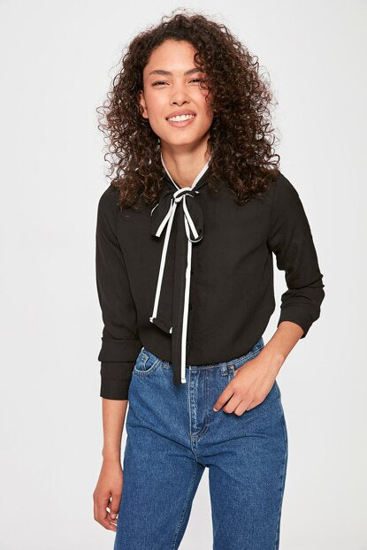Women's Tie Collar Black Shirt