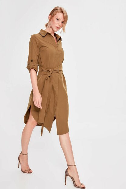 Women's Belted Camel Dress