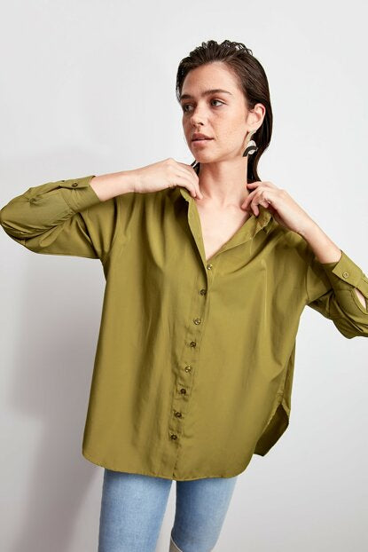 Women's Button Khaki Relaxed-Fit Shirt