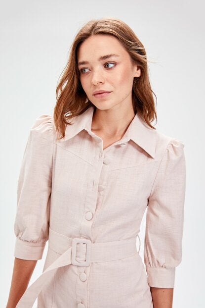 Women's Belted Beige Dress