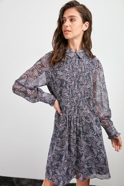 Women's Patterned Navy Blue Short Dress
