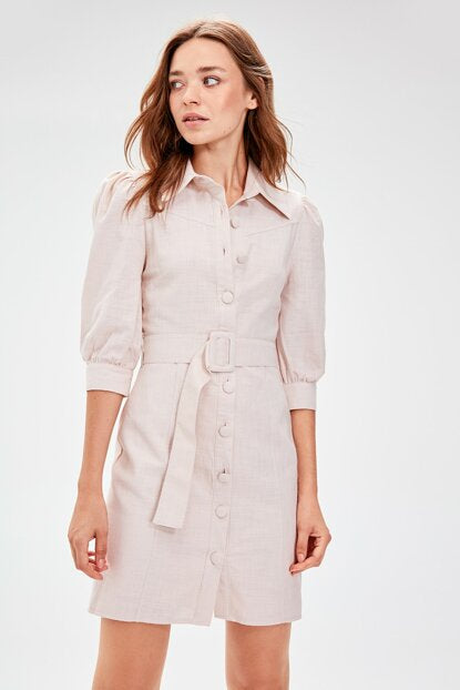 Women's Belted Beige Dress