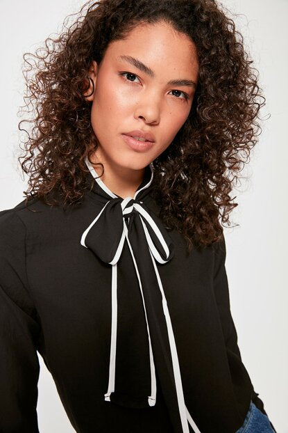Women's Tie Collar Black Shirt