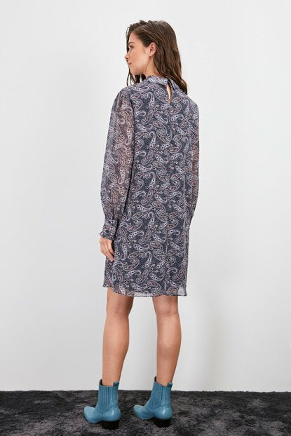 Women's Patterned Navy Blue Short Dress