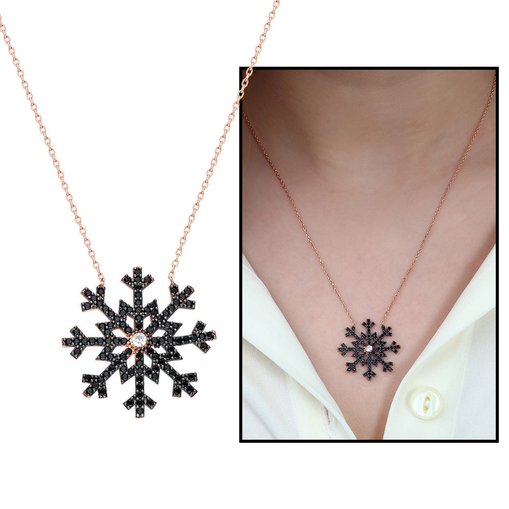 Women's Black Zircon Gemmed Snowflake Pendant 925 Carat Silver Necklace