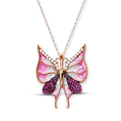Women's Zircon Gemmed Butterfly Pendant 925 Carat Silver Necklace