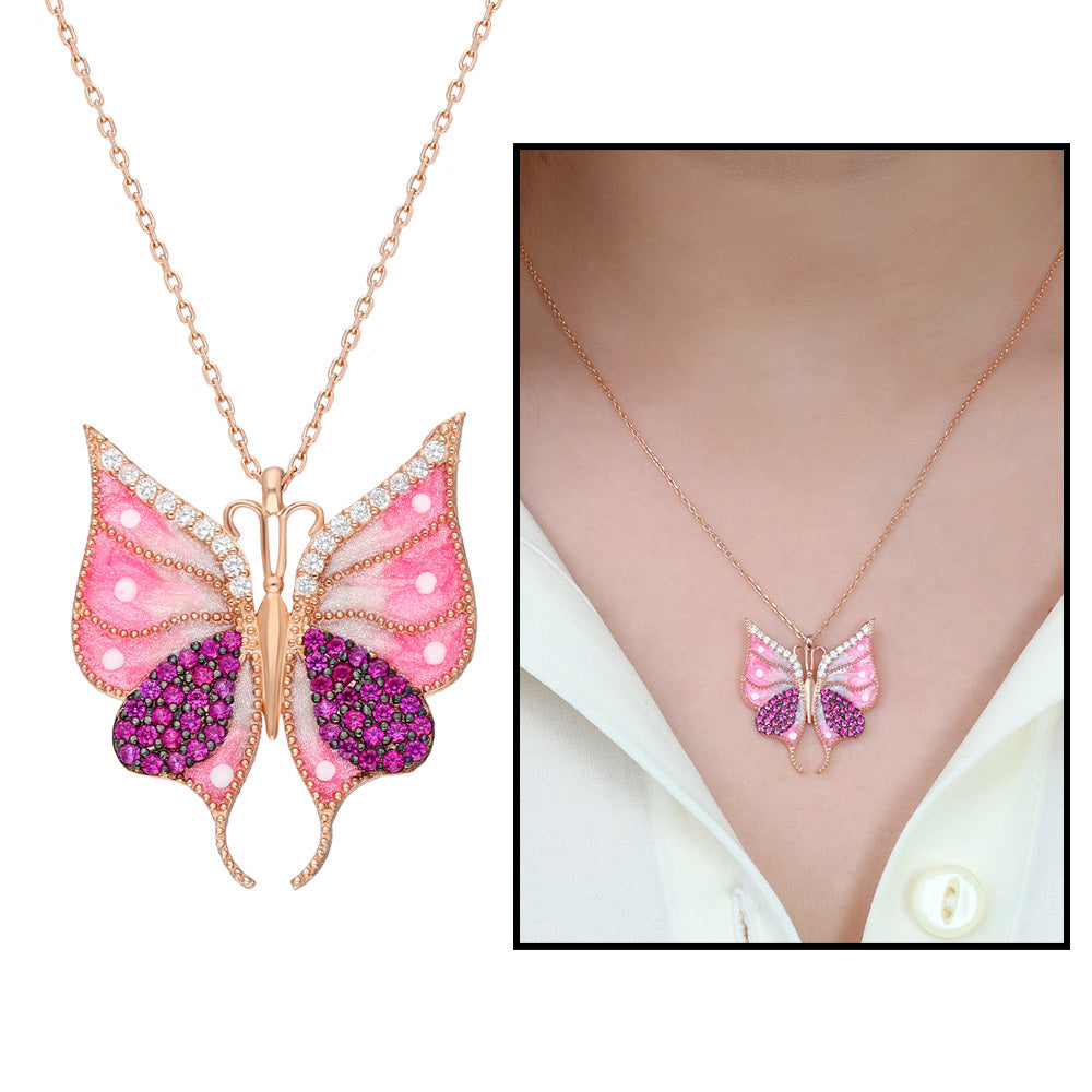 Women's Zircon Gemmed Butterfly Pendant 925 Carat Silver Necklace