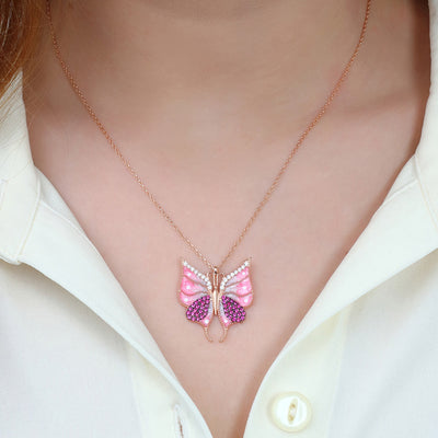 Women's Zircon Gemmed Butterfly Pendant 925 Carat Silver Necklace
