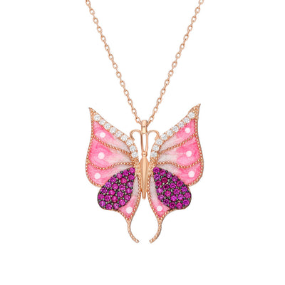 Women's Zircon Gemmed Butterfly Pendant 925 Carat Silver Necklace