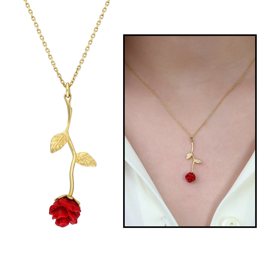 Women's Nacre Gem Rose Pendant 925 Carat Silver Necklace