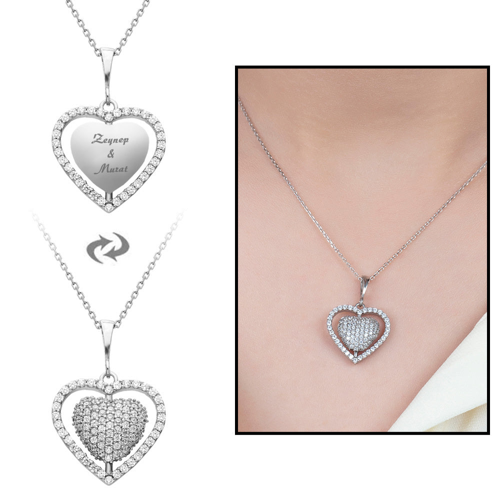 Women's Personalized Zircon Gemmed Heart Pendant 925 Carat Silver Necklace