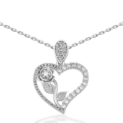 Women's Zircon Gemmed Rose & Heart Pendant 925 Carat Silver Necklace