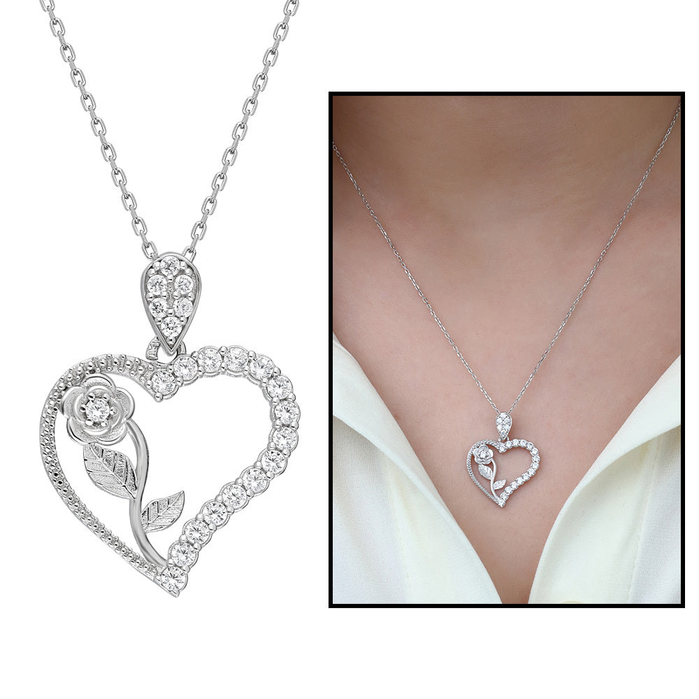 Women's Zircon Gemmed Rose & Heart Pendant 925 Carat Silver Necklace
