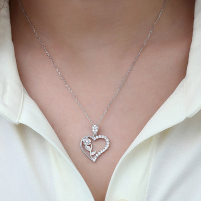 Women's Zircon Gemmed Rose & Heart Pendant 925 Carat Silver Necklace