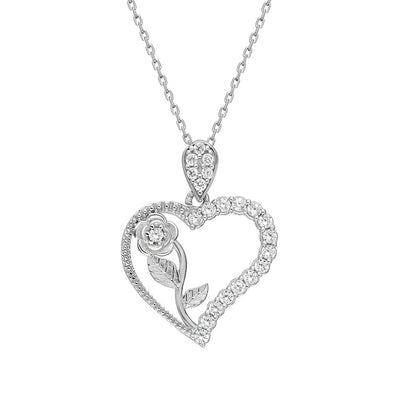 Women's Zircon Gemmed Rose & Heart Pendant 925 Carat Silver Necklace